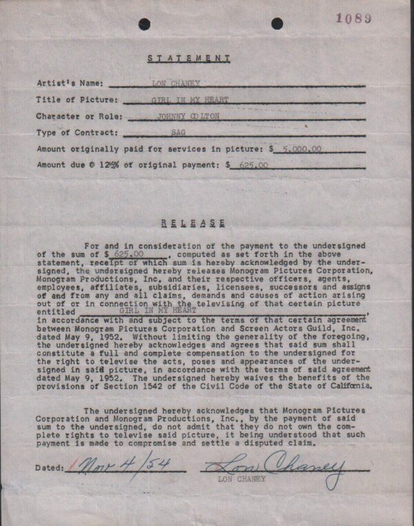 Official Contract with Lon Chaney Jr. Signature